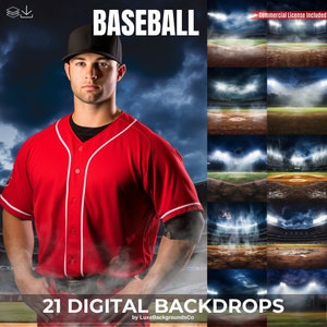 May include: A baseball player in a red jersey stands in front of a stadium backdrop. The image includes 21 digital backdrops for use in photo editing. The text "BASEBALL" is at the top of the image and "21 DIGITAL BACKDROPS" is at the bottom of the image.