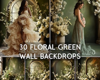 Floral Green Wall Backdrop: Maternity Photography Overlays (Digital Download)