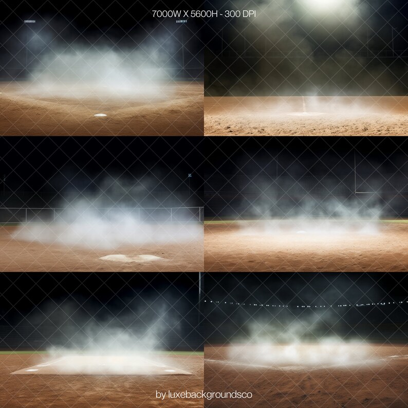 Pode incluir: Quatro imagens de um campo de beisebol &agrave; noite com um holofote brilhando no campo interno. O campo interno est&aacute; coberto por uma nuvem de poeira. As imagens est&atilde;o dispostas em uma grade de duas linhas e duas colunas.