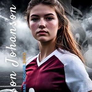 Puede incluir: Gr&aacute;fico tem&aacute;tico de f&uacute;tbol con una joven con una camiseta granate y blanca con el n&uacute;mero 8. La imagen incluye un bal&oacute;n de f&uacute;tbol y el texto "Madison Johanson" y "Midfielder". El fondo es un estadio.