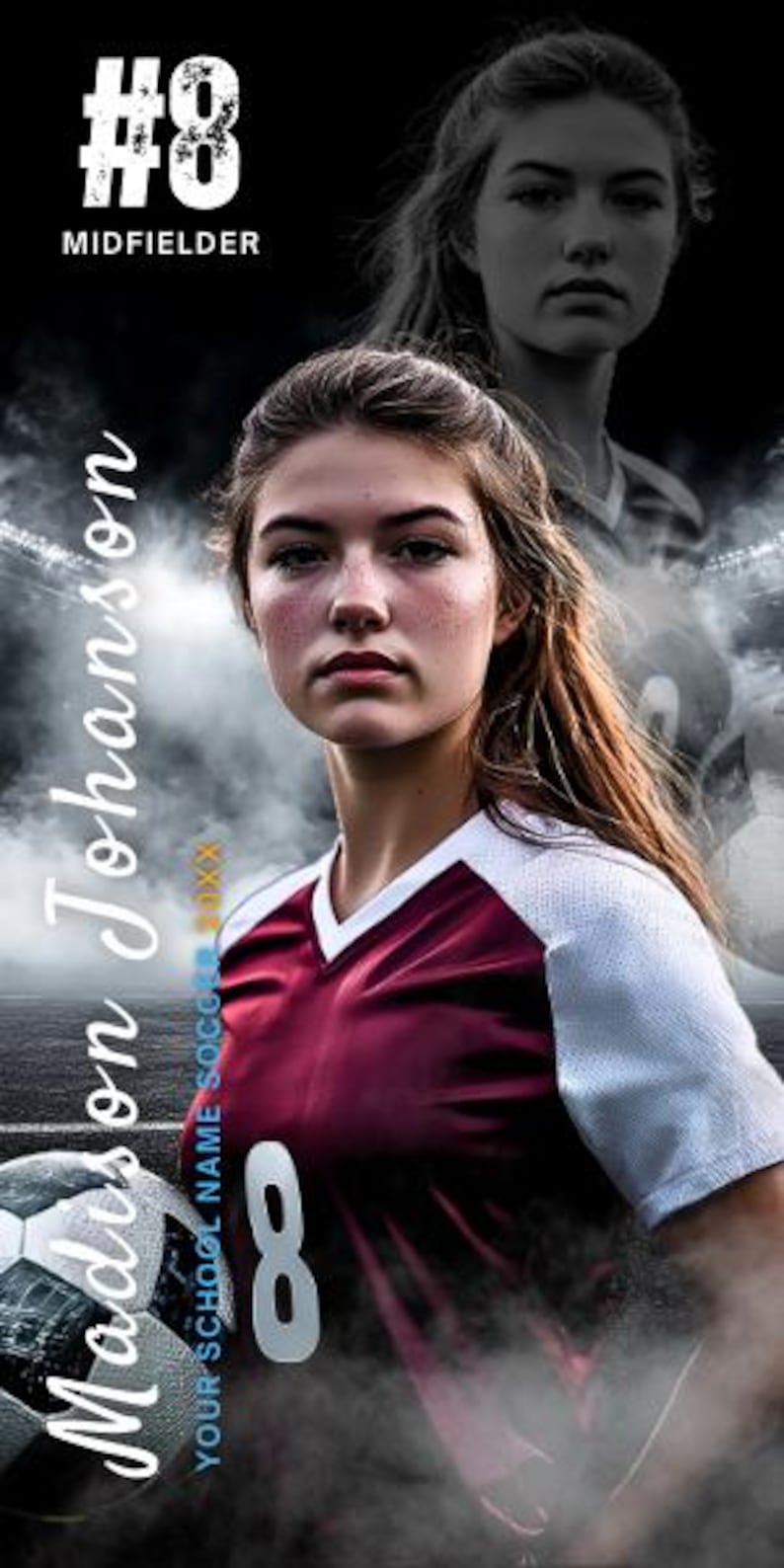 Puede incluir: Gr&aacute;fico tem&aacute;tico de f&uacute;tbol con una joven con una camiseta granate y blanca con el n&uacute;mero 8. La imagen incluye un bal&oacute;n de f&uacute;tbol y el texto "Madison Johanson" y "Midfielder". El fondo es un estadio.