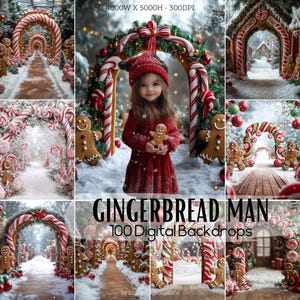 May include: A digital backdrop set featuring 100 images of a gingerbread man themed winter wonderland. The images feature candy cane arches, gingerbread houses, and snow-covered paths.