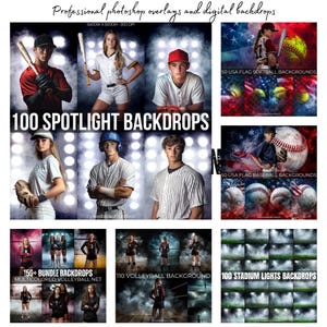 May include: A digital download of 100 spotlight backdrop images for sports photography. The images feature a variety of lighting effects and backgrounds, including a baseball field, a volleyball court, and a stadium with lights. The text "100 SPOTLIGHT BACKDROPS" is displayed in the center of the image.