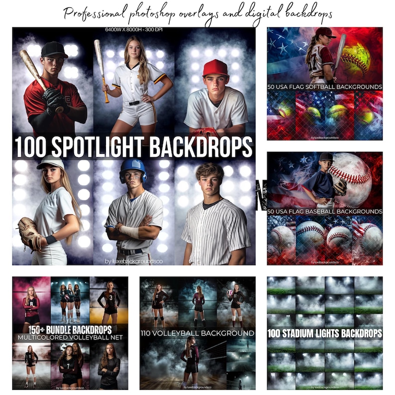 May include: A digital download of 100 spotlight backdrop images for sports photography. The images feature a variety of lighting effects and backgrounds, including a baseball field, a volleyball court, and a stadium with lights. The text "100 SPOTLIGHT BACKDROPS" is displayed in the center of the image.