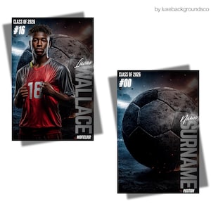 May include: Two posters with a soccer theme. One shows a young man in a red and grey jersey with the number 16, the name Lucas Wallace, and the text "Midfielder." The other shows a soccer ball with the text "Name Surname" and "Position."