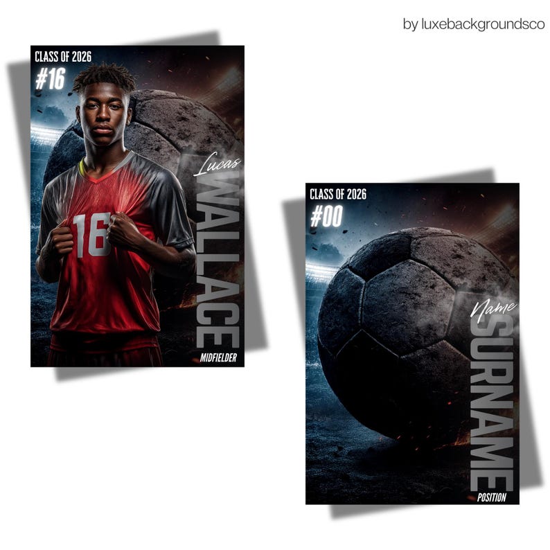 May include: Two posters with a soccer theme. One shows a young man in a red and grey jersey with the number 16, the name Lucas Wallace, and the text "Midfielder." The other shows a soccer ball with the text "Name Surname" and "Position."