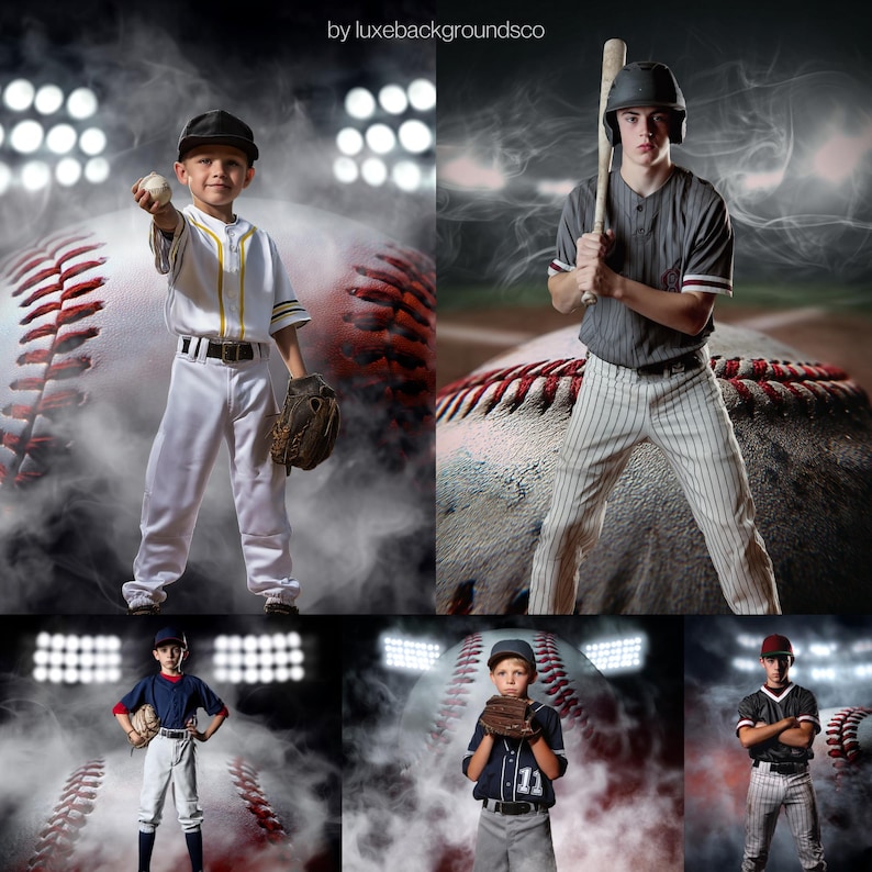 Peut inclure: Image composite de joueurs de baseball en action. Les joueurs portent des uniformes de baseball et tiennent des balles, des battes et des gants. L'arri&egrave;re-plan pr&eacute;sente une grosse balle de baseball et un &eacute;clairage de stade.