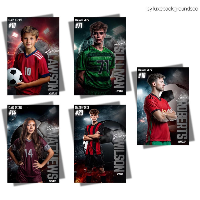 May include: A set of soccer-themed banners showcasing young players. Each banner includes a player's name, jersey number, and position, set against a backdrop of a football and stadium lights. The banners are in various colours, including red, green, and maroon.