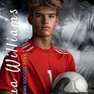 Puede incluir: Banner promocional con un joven portero de f&uacute;tbol con una camiseta roja, sosteniendo un bal&oacute;n de f&uacute;tbol. El banner incluye el texto "#1 GOALKEEPER" y el nombre "Joshua Williams". El fondo tiene un efecto de humo y una imagen descolorida del jugador.