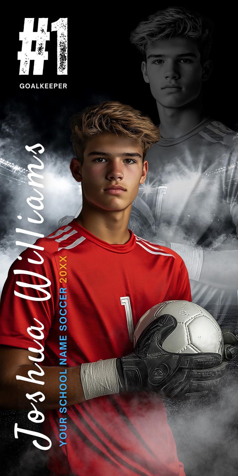 Puede incluir: Banner promocional con un joven portero de f&uacute;tbol con una camiseta roja, sosteniendo un bal&oacute;n de f&uacute;tbol. El banner incluye el texto "#1 GOALKEEPER" y el nombre "Joshua Williams". El fondo tiene un efecto de humo y una imagen descolorida del jugador.