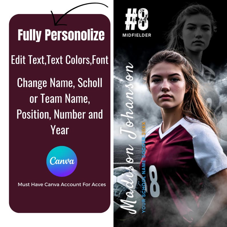 Puede incluir: Gr&aacute;fico tem&aacute;tico de f&uacute;tbol con una joven con una camiseta granate y blanca con el n&uacute;mero 8. La imagen incluye el texto "Madison Johanson" y "Midfielder". Texto adicional indica la personalizaci&oacute;n completa con Canva.