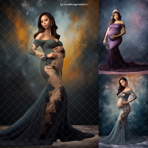 May include: Three pregnant women wearing different styles of long, flowing maternity gowns. The gowns are in shades of green, purple, and gray. The women are posed in a variety of ways, with their hands on their bellies or holding flowers.