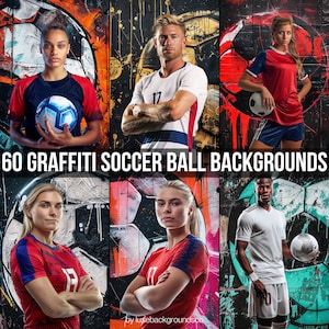 60 fondos de fútbol, arte mural con grafiti de balón de fútbol, plantilla de Photoshop para tarjetas y Memory Mate, póster deportivo y pancarta para jugador de fútbol