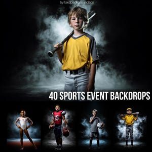 Może przedstawiać: Młody baseballista w żółto-szarym mundurze trzyma kij na ramieniu. Obraz jest osadzony na ciemnym, zadymionym tle. Tekst "40 SPORTS EVENT BACKDROPS" jest wyświetlany na dole.