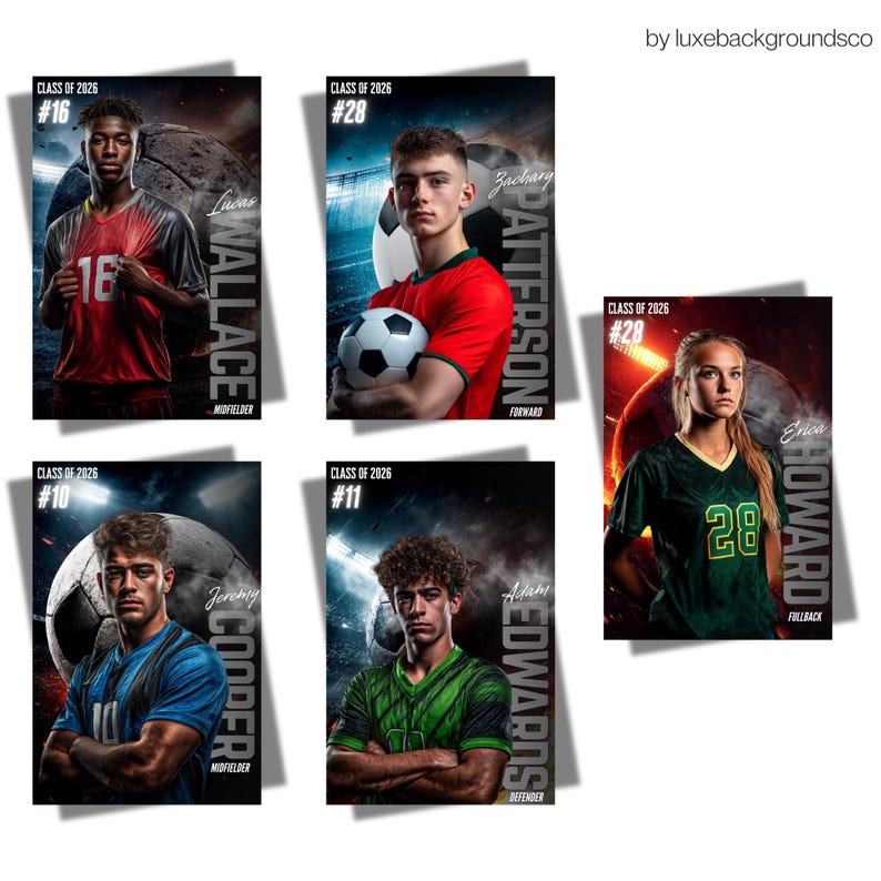 May include: Five soccer player posters. Each poster features a player's photo, name, jersey number, and position. The posters have a dark background with a soccer ball and stadium lights. The text "Class of 2026" is at the top.