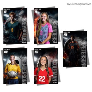 May include: A set of soccer team banners, each showcasing a player's photo, jersey number, name, and position. The banners have a dark background with a soccer ball and fiery effects. The text 'Class of 2026' is also visible.