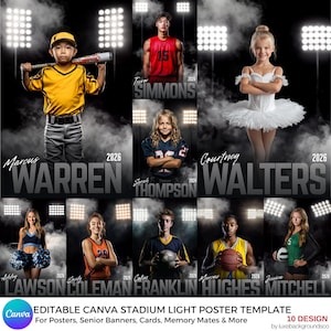 May include: A Canva template featuring various sports and activities. The image showcases children and young adults in baseball, football, basketball, cheerleading, and ballet. Each person is highlighted with stadium lights and their name and the year 2026.