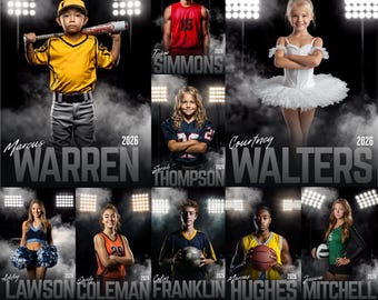 Paquete de plantillas de pósteres de iluminación de estadios de Canva para fútbol americano, sóftbol, béisbol, tenis, baloncesto, ballet, diseños deportivos de atletas, tarjeta de memoria
