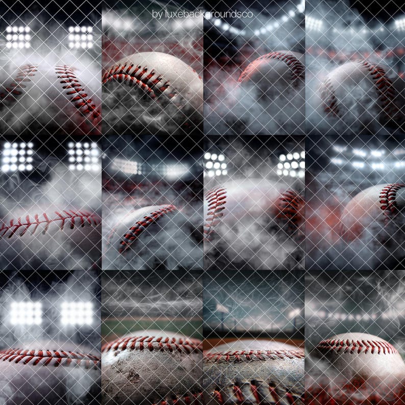 Peut inclure: Un collage d'images sur le th&egrave;me du baseball. Chaque image pr&eacute;sente une balle de baseball avec des coutures rouges, partiellement obscurcie par la fum&eacute;e ou le brouillard. Des projecteurs de stade et une cl&ocirc;ture en treillis m&eacute;tallique sont &eacute;galement visibles, cr&eacute;ant un th&egrave;me sportif dramatique.
