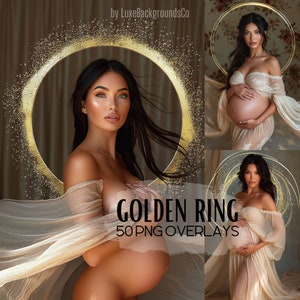 May include: A pregnant woman wearing a sheer, beige gown with a golden halo effect. The image is part of a set of 50 PNG overlays called "Golden Ring".