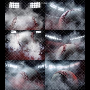 Peut inclure: Image composite de balles de baseball avec des coutures rouges, sur fond de projecteurs de stade et de cl&ocirc;ture grillag&eacute;e. La sc&egrave;ne est envelopp&eacute;e de fum&eacute;e, cr&eacute;ant un th&egrave;me sportif dramatique.