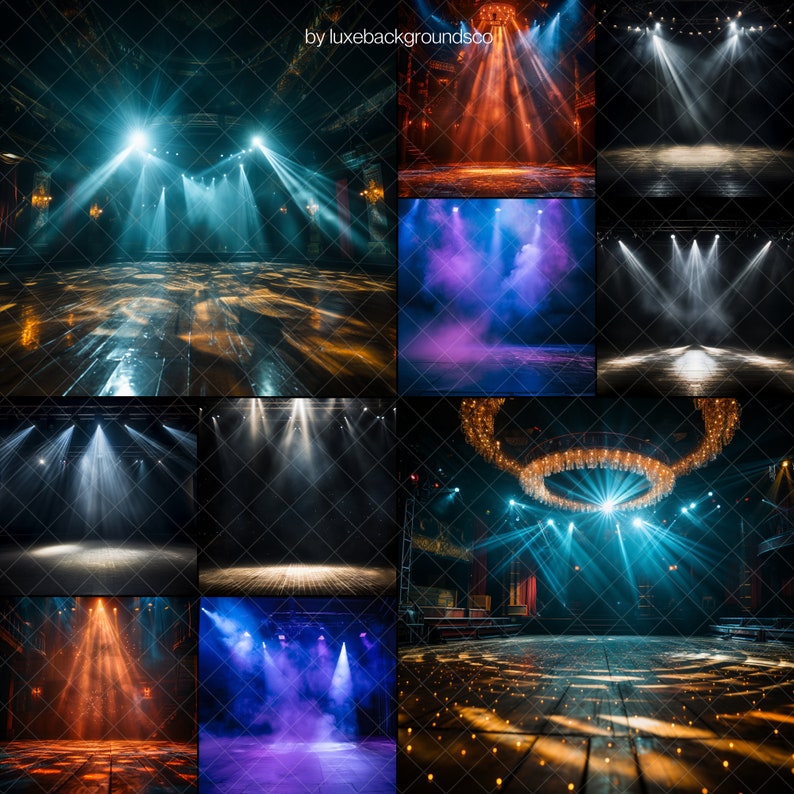 May include: A collage of 10 images showing different stage lighting setups with spotlights and smoke. The images show various angles and perspectives of the stage, with different colors of light and smoke.