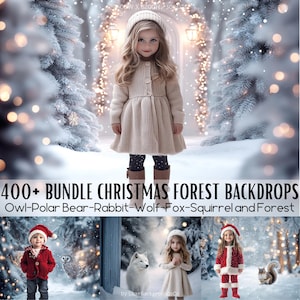 May include: A bundle of 400+ digital Christmas forest backdrops featuring a variety of winter scenes, including owls, polar bears, rabbits, wolves, foxes, squirrels, and forests. The backdrops are perfect for creating festive photos and are available for instant download.