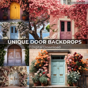 May include: A digital download of 17 unique door backdrops. The images feature various doors with different colors and styles, surrounded by lush flowers and greenery. The doors are set against a variety of backgrounds, including brick walls, stone walls, and a view of the ocean.