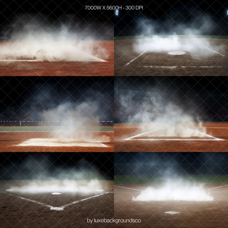 Pode incluir: Um campo de beisebol com uma base branca e uma nuvem de poeira subindo do infield.