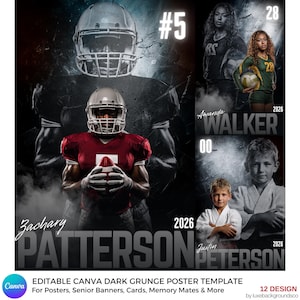 May include: Dark grunge poster template with football and sports themes. Includes a football player in a red uniform holding a football, and other athletes. The text includes names, numbers, and the year 2026.