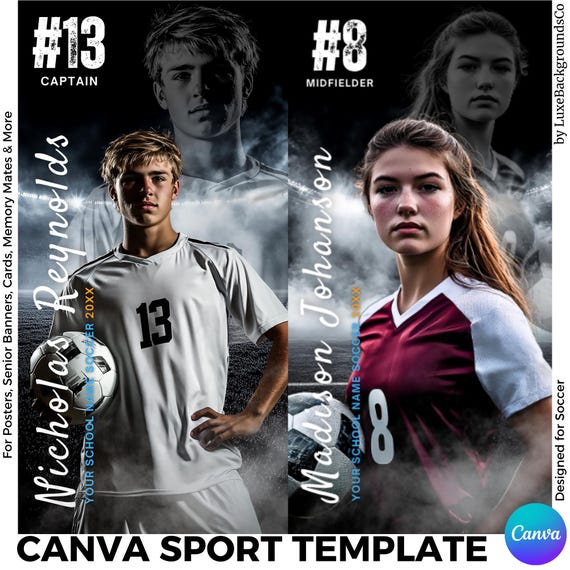 Editable Soccer Poster Templates for Canva - Senior Night Banners, Sport Photography Designs, Stadium Light Theme,Personalized soccer Banner