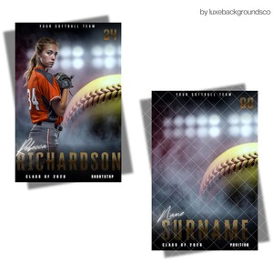 Pu&ograve; includere: Due poster della squadra di softball. Uno presenta una giocatrice con una maglia arancione con il numero 34, il nome "Rebecca Richardson" e il testo "Class of 2020 Shortstop". L'altro poster ha il testo "Name Surname" e "Class of 2020 Position".