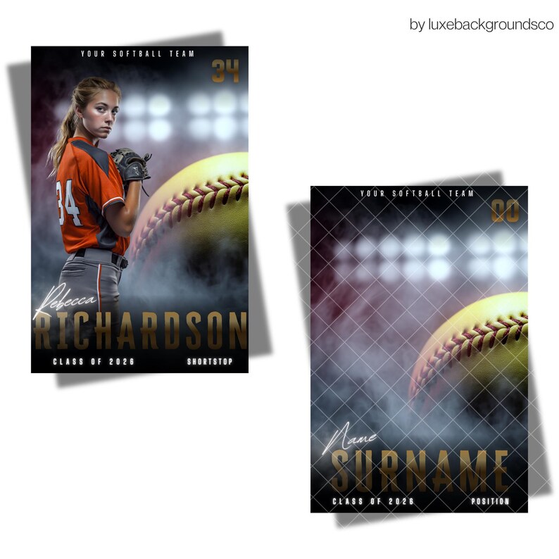 Pu&ograve; includere: Due poster della squadra di softball. Uno presenta una giocatrice con una maglia arancione con il numero 34, il nome "Rebecca Richardson" e il testo "Class of 2020 Shortstop". L'altro poster ha il testo "Name Surname" e "Class of 2020 Position".