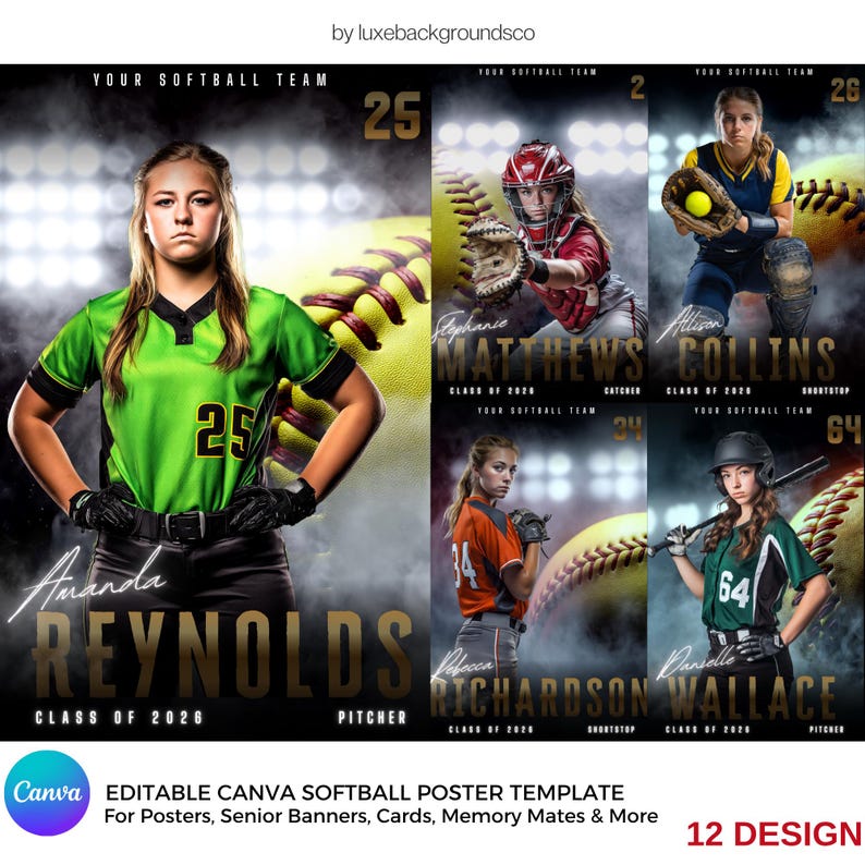 Pu&ograve; includere: Modello di poster di softball con sei giocatrici in pose d'azione. Ogni giocatrice indossa un'uniforme e tiene in mano una palla da softball o un'attrezzatura. Il poster include nomi, posizioni e informazioni sulla squadra, con softballs sullo sfondo.