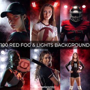 May include: A collection of 100 red fog and lights backgrounds for photographers. The backgrounds feature red fog and spotlights, creating a dramatic and moody atmosphere. The backgrounds are perfect for creating professional-looking portraits, sports photos, and more.