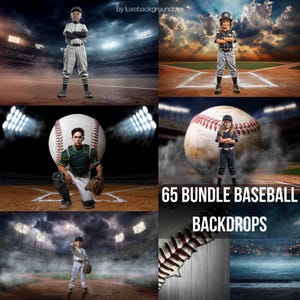 May include: A composite image featuring baseball players in various poses against stadium backdrops. The image includes a large baseball, a catcher, and the text "65 BUNDLE BASEBALL BACKDROPS". The players are wearing baseball uniforms.