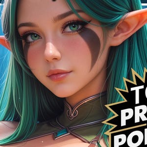 May include: Digital art of a woman with pointed ears and green hair, wearing a fantasy-style outfit. The image has a blue and white background with the text "TCG PROXY WITH POP OUT ART!" in a yellow burst.