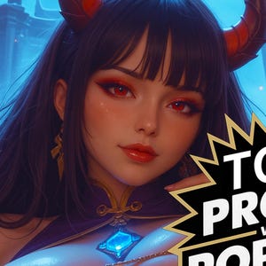 Op de afbeelding: Digitale illustratie van een vrouw met lang zwart haar, rode ogen en hoorns. Ze draagt een paarse en gouden outfit met een blauwe edelsteen hanger. De afbeelding bevat de tekst "TCG PROXY WITH POP OUT ART!" in een gele en zwarte explosie.