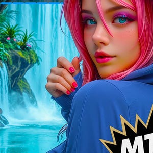Puede incluir: Una persona con una sudadera con capucha azul de rana con pelo rosa y ojos azules. El texto "Frog" está en la parte superior izquierda. La parte posterior de la sudadera con capucha tiene el texto "MTG PROXY WITH POP OUT ART!" en una explosión amarilla y negra.