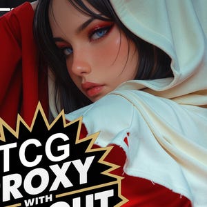 Pode incluir: Uma pessoa vestindo uma capa com capuz vermelha com um capuz branco, com o texto "TCG PROXY WITH POP OUT ART!" em uma explosão amarela. A pessoa tem olhos azuis e está olhando para o espectador.