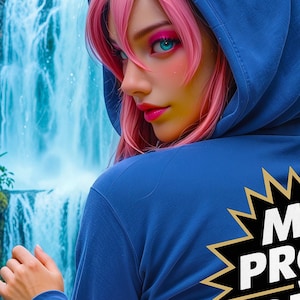 May include: A person wearing a blue hoodie with a frog design, pink hair, and bright makeup. The background features a waterfall and lush greenery. The text "Frog" and "MTG PROXY WITH POP OUT ART!" are visible.