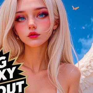 Puede incluir: Imagen de arte digital de una mujer con cabello rubio largo, ojos azules y alas de ángel blancas. La imagen incluye el texto "Luminous Angel" y "MTG PROXY with POP OUT ART!". El fondo es un cielo azul.