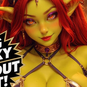 May include: Digital art of a fantasy character with green skin, red hair, and pointed ears. The character wears a purple outfit and gold jewelry. Text on the image reads "TCG PROXY WITH POP OUT ART!"