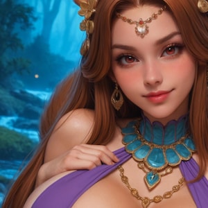 May include: A digital illustration of a woman with long auburn hair, adorned with squirrel ear-like accessories and jewelry. She wears a purple top and a turquoise necklace. The word "Squirrel" is displayed above her.