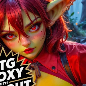 May include: A fantasy art card featuring a female goblin with red hair and eyes, wearing a red top and yellow bodice. The card is labeled "Dragonlord's Servant" and includes the text "MTG PROXY WITH POP OUT ART!"