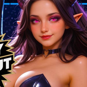 May include: An illustration of a woman with devil horns and red wings. She wears a black outfit and has pink eyes. The image includes the text "TCG PROXY WITH POP OUT ART!" in a yellow and black starburst.