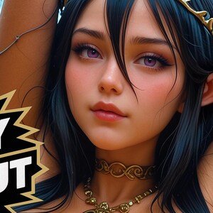 Puede incluir: Imagen de arte digital de una mujer con cabello oscuro, ojos morados y una tiara dorada, en un entorno forestal. Lleva joyas y tiene los brazos levantados. Incluye el texto "TCG PROXY WITH POP OUT ART!" en un diseño de estrella.