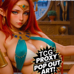 Op de afbeelding: Illustratie van een vrouw met rood haar, gekleed in een turquoise en witte outfit met gouden sieraden, die een groene cocktail vasthoudt. De afbeelding bevat de tekst "TCG PROXY WITH POP OUT ART!"