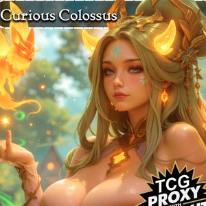 May include: Digital art featuring a woman with long green hair, adorned with golden horns and jewelry. The image includes a glowing orange creature and the text "Curious Colossus" at the top. The woman has blue eyes and light skin, with a fantasy theme.