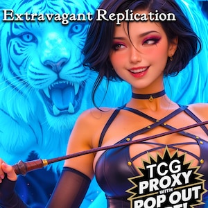 Puede incluir: Ilustración digital de una mujer con cabello oscuro y un atuendo negro, sosteniendo una varita marrón y dorada. Un tigre blanco está en el fondo. El texto "Extravagant Replication" está en la parte superior y "TCG PROXY" en la inferior.